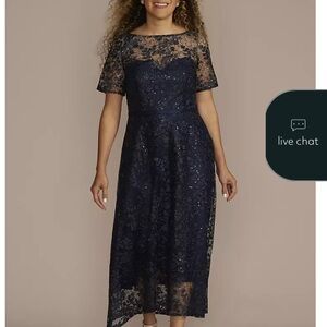 David's Bridal Midnight Blue Sequin Lace Midi Dress